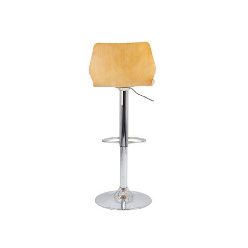 KF90511 | This wood veneer high stool is ideal for use in bistros, cafes and break-out areas. It has a chrome stand and foot ring with height adjustable gas stem, with a fixed back. Comes with a 5-year guarantee.