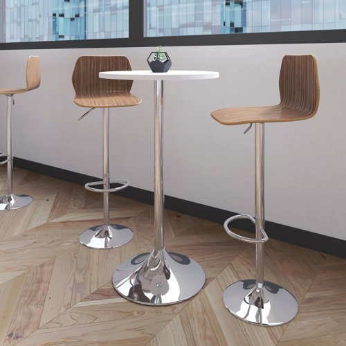 This wood veneer high stool is ideal for use in bistros, cafes and break-out areas. It has a chrome stand and foot ring with height adjustable gas stem, with a fixed back.