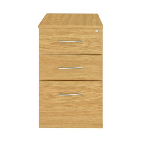 This under-desk pedestal has three drawers and silver handles.