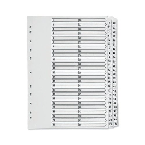 This Q-Connect 1-50 numbered index divider provides a clear and simple filing solution for your everyday office needs. The front index sheet provides space for labelling to make referencing your notes quick and easy. Made from plain white board with clear tabs that are Mylar-coated for extra reinforcement, this index comes with pre-printed tabs (1-50) and is multi-punched to fit standard A4 lever arch files or ring binders.