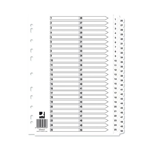 KF97057Q | With these Mylar-reinforced index dividers, you can start to get a handle on all those odd papers that get left lying around. Each divider is made from sturdy manilla, and the tabs are Mylar-coated for long-lasting durability and pre-printed 1-50, great for tidy numerical filing. They are multi-punched to fit almost any A4 ring binder or lever arch file.