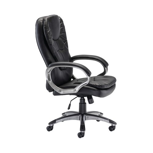 Comfort and style go hand in hand with this Arista Murcia Executive Chair. This black leather look has a contoured seat and back for comfort throughout your working day. The tilt lock mechanism allows you to position the chair to suit your requirements, posture and sitting preferences. Additionally, the five star base and casters keep the chair steady and balanced, with easy movement around your desk.