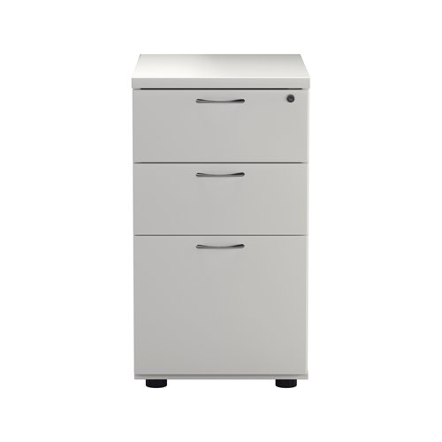 Offering a convenient and flexible place to store documents, papers and stationery, this white desk high pedestal can fit conveniently next to your desk to provide additional work space. The pedestal features 2 box drawers and 1 filing drawer suitable for foolscap suspension filing. This pedestal measures W404xD600xH730mm and can be placed beside the 600mm end of a radial desk.