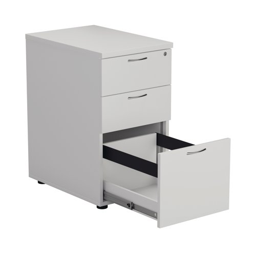 Offering a convenient and flexible place to store documents, papers and stationery, this white desk high pedestal can fit conveniently next to your desk to provide additional work space. The pedestal features 2 box drawers and 1 filing drawer suitable for foolscap suspension filing. This pedestal measures W404xD600xH730mm and can be placed beside the 600mm end of a radial desk.