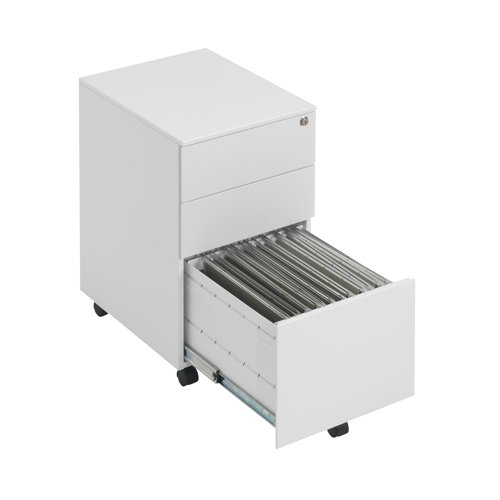 This entry level First mobile steel pedestal features 2 stationery drawers and 1 filing drawer suitable for use with A4 suspension files. The tough steel carcass features an anti-tilt mechanism, allowing only 1 drawer open at a time. This pedestal measures W380 x D470 x H615mm and comes in white with an integrated handle design.