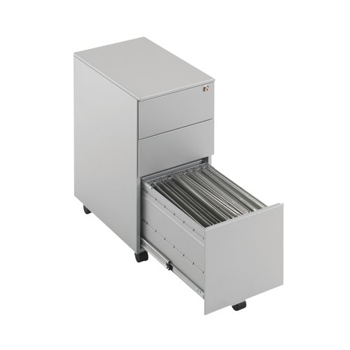 This entry level First mobile steel pedestal features a slimline design for offices with space-saving needs. With 2 stationery drawers and 1 filing drawer, this pedestal is suitable for use with A4 suspension files. The tough steel carcass features an anti-tilt mechanism, allowing only 1 drawer open at a time. This pedestal measures W300 x D470 x H615mm and comes in a silver finish with an integrated handle design.