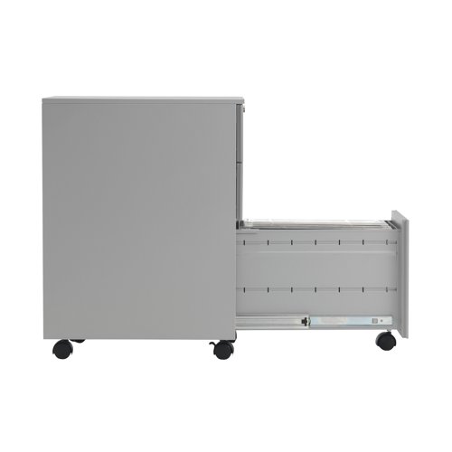 This entry level First mobile steel pedestal features a slimline design for offices with space-saving needs. With 2 stationery drawers and 1 filing drawer, this pedestal is suitable for use with A4 suspension files. The tough steel carcass features an anti-tilt mechanism, allowing only 1 drawer open at a time. This pedestal measures W300 x D470 x H615mm and comes in a silver finish with an integrated handle design.