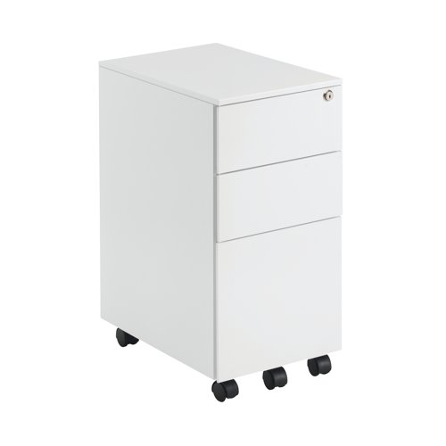 This entry level First mobile steel pedestal features a slimline design for offices with space-saving needs. With 2 stationery drawers and 1 filing drawer, this pedestal is suitable for use with A4 suspension files. The tough steel carcass features an anti-tilt mechanism, allowing only 1 drawer open at a time. This pedestal measures W300 x D470 x H615mm and comes in white with an integrated handle design.