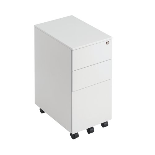 This entry level First mobile steel pedestal features a slimline design for offices with space-saving needs. With 2 stationery drawers and 1 filing drawer, this pedestal is suitable for use with A4 suspension files. The tough steel carcass features an anti-tilt mechanism, allowing only 1 drawer open at a time. This pedestal measures W300 x D470 x H615mm and comes in white with an integrated handle design.