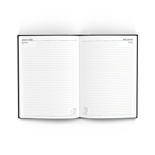This day per page diary is ideal for meetings, appointments, deadlines and other plans, with a reference calendar on each page for help planning ahead. The diary also includes current and forward year planners, and a ribbon page marker for quick and easy reference. This pack contains 1 black A4 diary.