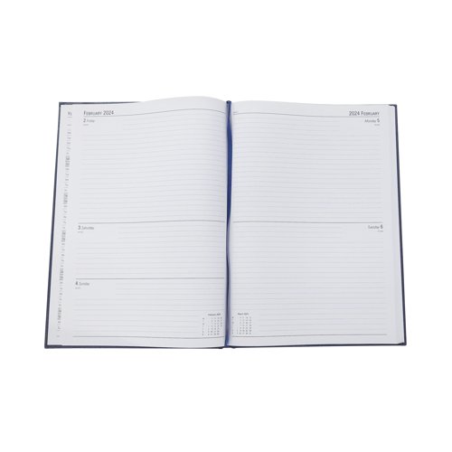 KFA42BU24 | This 2 Days Per Page diary is ideal for meetings, appointments, deadlines and other plans, with a reference calendar on each week for help planning ahead. The diary also includes current and forward year planners, with a ribbon page marker for quick and easy reference. This pack contains 1 blue A4 diary.