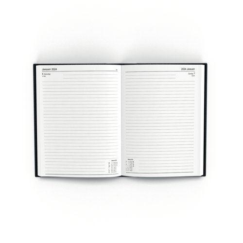 This day per page diary is ideal for meetings, appointments, deadlines and other plans, with a reference calendar on each page for help planning ahead. The diary also includes current and forward year planners, and a ribbon page marker for quick and easy reference. This pack contains 1 black A5 diary.