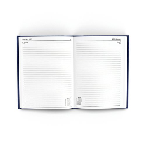 This day per page diary is ideal for meetings, appointments, deadlines and other plans, with a reference calendar on each page for help planning ahead. The diary also includes current and forward year planners, and a ribbon page marker for quick and easy reference. This pack contains 1 blue A5 diary.