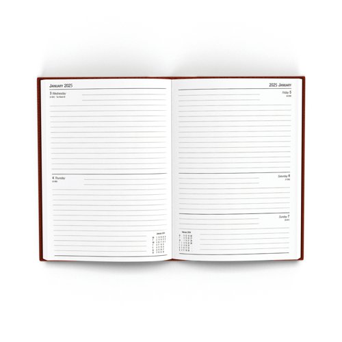 This 2 days per page diary is ideal for meetings, appointments, deadlines and other plans, with a reference calendar on each page for help planning ahead. The diary also includes current and forward year planners, and a ribbon page marker for quick and easy reference. This pack contains 1 burgundy A5 diary.