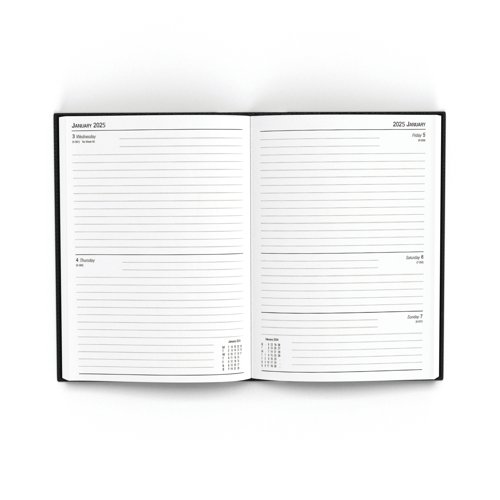 This 2 days per page diary is ideal for meetings, appointments, deadlines and other plans, with a reference calendar on each page for help planning ahead. The diary also includes current and forward year planners, and a ribbon page marker for quick and easy reference. This pack contains 1 black A5 diary.
