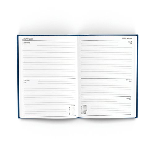 This 2 days per page diary is ideal for meetings, appointments, deadlines and other plans, with a reference calendar on each page for help planning ahead. The diary also includes current and forward year planners, and a ribbon page marker for quick and easy reference. This pack contains 1 blue A5 diary.