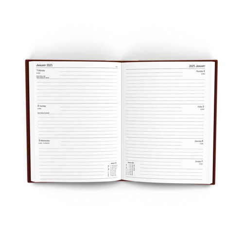 This week to view diary is ideal for meetings, appointments, deadlines and other plans, with a reference calendar on each week for help planning ahead. The diary also includes current and forward year planners, and a ribbon page marker for quick and easy reference. This pack contains 1 burgundy A5 diary.