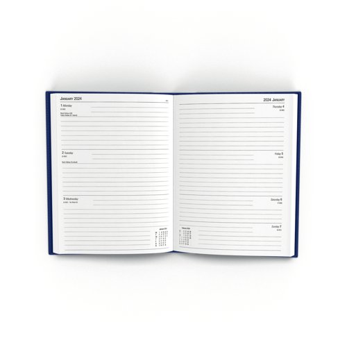 KFA53BU24 | This week to view diary is ideal for meetings, appointments, deadlines and other plans, with a reference calendar on each week for help planning ahead. The diary also includes current and forward year planners, with a ribbon page marker for quick and easy reference. This pack contains 1 blue A5 diary.