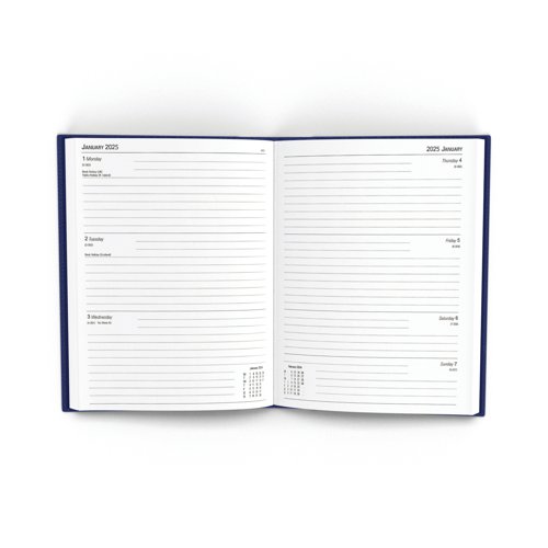 This week to view diary is ideal for meetings, appointments, deadlines and other plans, with a reference calendar on each week for help planning ahead. The diary also includes current and forward year planners, with a ribbon page marker for quick and easy reference. This pack contains 1 blue A5 diary.