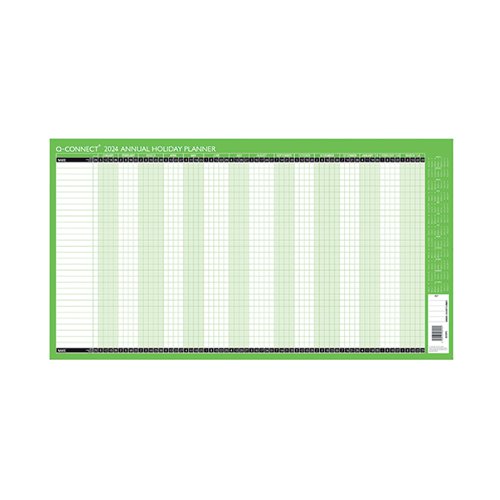 KFAHP24 | This handy holiday planner features a week by week guide to the year with space for up to 31 staff names and their holiday dates. The write on, wipe off laminated surface allows you to easily note down and make changes to any booked dates if necessary. The planner comes with organiser stickers and a drywipe marker pen. This unmounted planner measures W754 x H410mm.