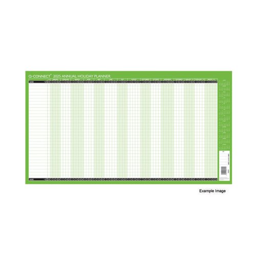 KFAHP25 | This handy Q-Connect holiday planner features a week by week guide to the year with space for up to 31 staff names and their holiday dates. The write on, wipe off laminated surface allows you to easily note down and make changes to any booked dates if necessary. The planner comes with organiser stickers and a drywipe marker pen. This unmounted planner measures W754 x H410mm.