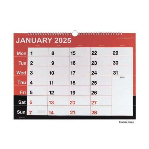 KFYC2325 | This monthly view calendar includes space per day for appointments, notes and reminders, allowing you to see all of your month's plans at a glance. Each month includes week numbering. Dates are distinctive and printed in red and black months for easy reference. Wire bound at the top, the A3 calendar also includes a backing board and hook for hanging on the wall.