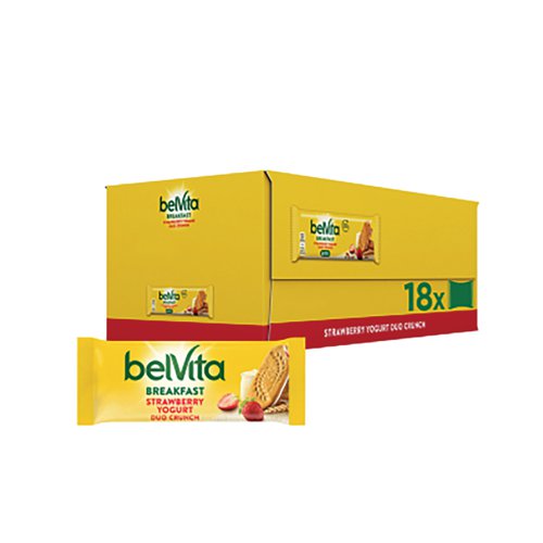 KS30315 | The belVita breakfast Duo Crunch biscuits are made with wholegrain cereals with live yogurt and strawberry filling. Gently baked to preserve the nutritional qualities. A source of calcium, magnesium and iron. No colours or preservatives. Suitable for Vegetarians. This pack contains 18 x 50.6g bars. Each individually wrapped pack contains 2x duo bars.