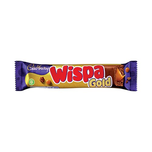 KS44808 | The Cadbury Wispa Gold bar is full of the tiny bubbles in velvety Cadbury milk chocolate with a layer of smooth golden caramel. Made with sustainably sourced cocoa. Suitable for Vegetarians. 48g per bar.