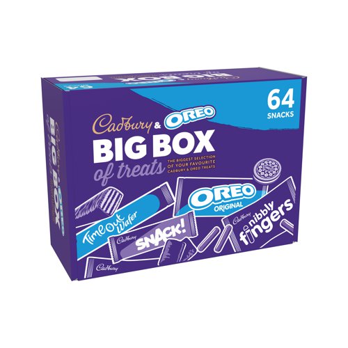 KS74758 | A big box of Cadbury treats, box includes a selection of some of Cadbury and Oreo most delicious chocolate treats; nibbly fingers, Time Out Wafer bars, Snack! bars and Oreo Original. 64 snacks included: x8 nibbly fingers, x23 Oreo Original, x18 Time Out Wafer, x15 Snack! Ideal for canteens, breakout areas and buffets.
