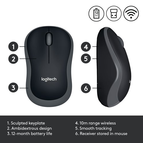 Logitech M185 Wireless Optical Mouse Ambidextrous Grey 910-002238 LC02728 Buy online at Office 5Star or contact us Tel 01594 810081 for assistance