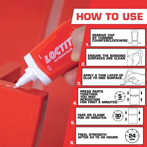 This powerful, all-purpose adhesive offers a strong initial hold of the glue, combined with the long lasting performance bond of complete strength after 24 hours. The liquid glue, based on a flexible technology, allows the adhesive to be spread over a large area and can be used on a range of materials including wood, metal, steel, stone, ceramics, glass, textiles, plastics and polystyrene foam.