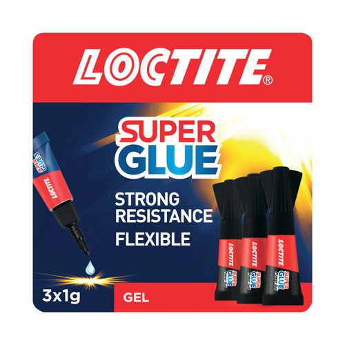 Loctite Mini Trio Power Gel super glue contains three one-shot tubes, making them ideal for quick repair jobs in the workplace. The multi-purpose glue provides instant strength, transparent drying technology and has an anti-clog cap to prevent drying out. The rubber infused gel formula allows high strength bonds that are extremely precise even on flexible materials with no mess or drips. This instant adhesive has a shatterproof formulation that will survive being dropped more than 60 times and is strong enough to resist impact, shock, vibration, and extreme temperature. The gel's high strength formula gives long lasting durability on a range of materials including rubber, leather, wood, metal and most plastics.
