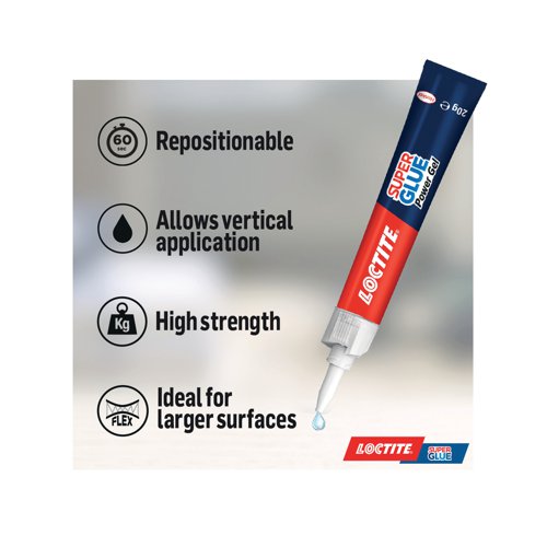LO06272 | Formulated with cyanoacrylate rubber-infused gel formula, this Loctite Super Glue Power Gel allows powerful bonds that are extremely precise even on vertical surfaces and materials that require high flexibility. Ideal for repairs at home, being repositionable for up to 60 seconds, it will repair larger surfaces without clamping. This works on a variety of materials from wood, rubber, plastic and more, including leather. Withstanding strong conditions and shock resistant, it serves as a waterproof glue and a heatproof glue. Supplied in a 20g tube.