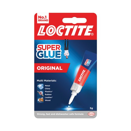 Loctite Original super glue is a multi-purpose glue that provides durable, long-lasting, and invisible repairs. With instant strength in a single drop, it dries transparently and has an anti-clog cap to prevent it drying out, ensuring long term use. Its powerful liquid and waterproof formula has been developed to form resilient bonds to withstand heavy loads and resist shocks and extreme temperatures. Ideal for repairs around the workplace, Loctite Original Super Glue bonds in seconds and gives long lasting durability on a range of materials including rubber, leather wood, metal and most plastics.