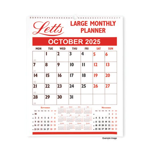 LTLMP25 | This Letts wall hanging planner features a large month to view format with daily boxes for appointments and notes. The bottom of each page shows a full year planner, as well as larger previous and next months for easy reference. The planner is spiral bound at the top and includes a wall hanging hook. This large planner measures 422 x 340mm.