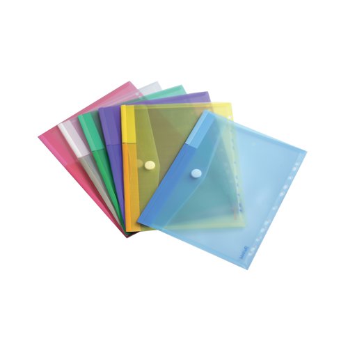 These Tarifold A4 punched wallets are made from premium quality polypropylene with a smooth gloss finish and are punched along the long edge for filing in standard ring binders and lever arch files. The wallets also feature a Velcro seal to help keep contents secure. This assorted pack contains 12 wallets, with 2 each of blue, green, yellow, purple, pink and clear.