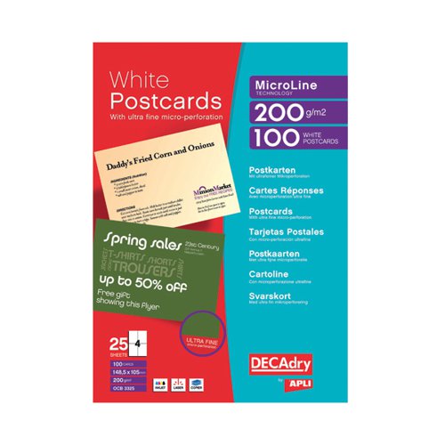 Decadry Postcards A4 Micro-perforated Sheet White Pack 100 OCB3325
