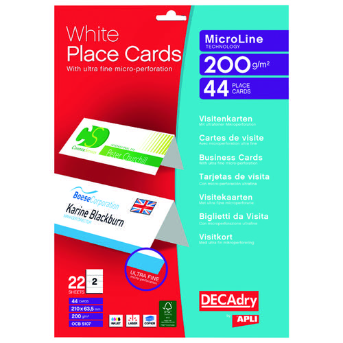 DECAdry Place Cards 200gsm 2 per A4 Sheet 210x63.5mm when Folded OCB5107 [Pack 44 Cards]