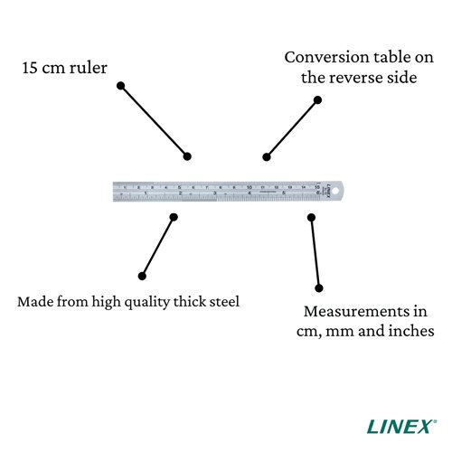 LX49340 | Linex Steel Rulers are made from stainless steel for extra durability and feature both metric and imperial measurements. The rulers also features a measuring conversion table on the reverse. A hole is punched into one end for easy storage and they are supplied in a handy sleeve.