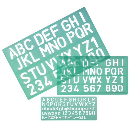 This set of 3 Linex Lettering Stencils contains lettering heights of 10, 20 and 30mm for personal, school and commercial use. For quick and easy production of letters, numbers and symbols for filing, signs and other purposes, these stencils also feature an ink riser to prevent smudging.