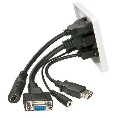 The Lindy Multi AV Faceplate is a ready to use single gang wall plate with 10cm trailing leads. This solution provides a neat and tidy AV installation with no soldering required just connect the cables and feed them through the walls. Front Connectors: HDMI: HDMI Type A Female, VGA: SVGA 15 Pin Female, USB: USB Type A Female and Audio: 3.5mm Stereo Socket. Rear Connectors: (via 10cm trailing lead) HDMI: HDMI Type A Female, VGA: SVGA 15 Pin Female, USB: USB Type A Female, and Audio: 3.5mm Stereo Socket.