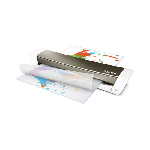 This Leitz iLAM A3 laminator is ideal for both home or office use and offers hassle free laminating with excellent results. With no complicated settings and a warm up time of 3 minutes, this iLAM laminator features an LED and sound warning indicator to notify you when the machine is ready, and automatically shuts off if inactive for 30 minutes. With an approximate speed of 60 seconds to laminate a 160 micron A4 pouch, this laminator accepts up to 250 micron thick pouches and includes a free starter pack of pouches.