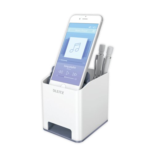 Keep pens, pencils, and other stationery tidy with this innovative pen holder that features an extra compartment for smartphones up to iPhone 6 Plus in size. This compartment has a sound booster function which increases the volume of your phone whilst keeping your smartphone screen completely visible when placed inside. With dimensions of W90 x D101 x H100mm, this pack contains 1 white/grey pen holder.