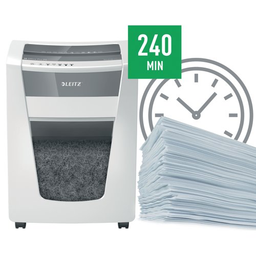 The Leitz IQ Office Pro Micro-Cut Shredder offers the ultimate in style, performance and security. This model features high performance Security DIN P-5 cut for high security and waste compaction. Perfect secure shredding every time, ideal for office use. Higher security and excellent performance with this anti jam, quiet and long running shredder. The Leitz IQ shreds up to 15 sheets of A4 paper (80gsm) into 2x15mm micro cut pieces allowing more in the generous 30L bin with simple operation using touch controls. Shred for longer with a class leading 4 hour run time, for a completely uninterrupted shredding experience. 30 GBP / 30 Euros Cashback Claim at leitzcashback.eu.