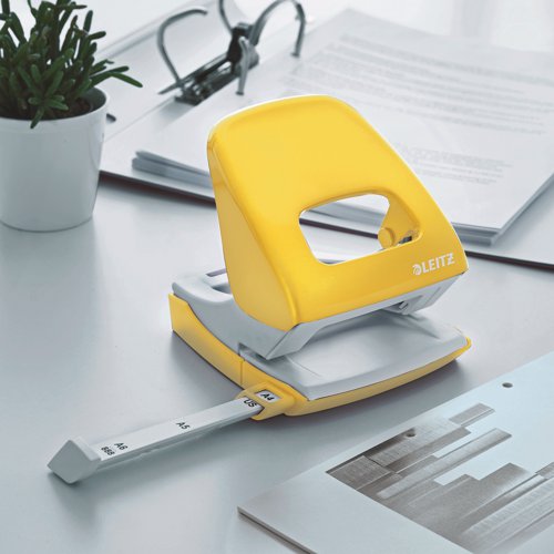 Leitz NeXXt metal punch in striking WOW colours that let your personality shine through. 2 hole punch for everyday use. Robust and reliable with a punching capacity of 30 sheets of 80gsm paper. Patented easy slide-in grip zone and ultra sharp stamps reduce punching effort. Yellow. Buy any 3 WOW products and claim a free Leitz Cosy Footrest.