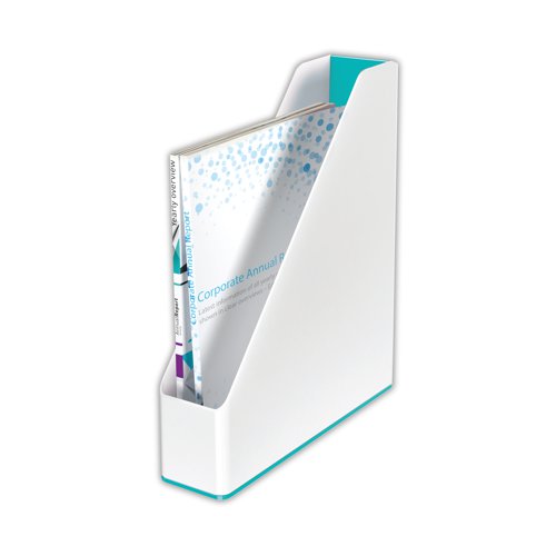 LZ12205 | This Leitz WOW Magazine File features a stylish metallic dual colour scheme with a modern and contemporary design. Suitable for documents up to A4 in size, this magazine file has a 73mm spine and is great for storing catalogues, brochures, magazines and more. This white/ice blue magazine file measures W73 x D272 x H318mm. Buy any 3 WOW products and claim a free Leitz Cosy Footrest.