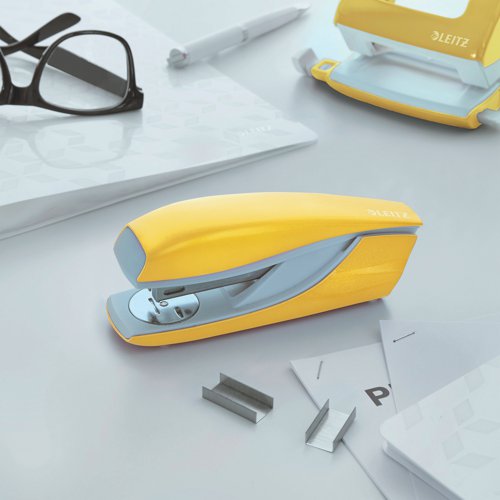 Metal stapler in striking WOW colours that let your personality shine through. For everyday use. Robust and reliable with the capacity to staple up to 30 sheets of 80gsm paper. Patented Direct Impact Technology and Leitz Power Performance staples P3 (24/6, 26/6) ensure perfect stapling every time. With a handy integrated staple remover. Yellow. Buy any 3 WOW products and claim a free Leitz Cosy Footrest.