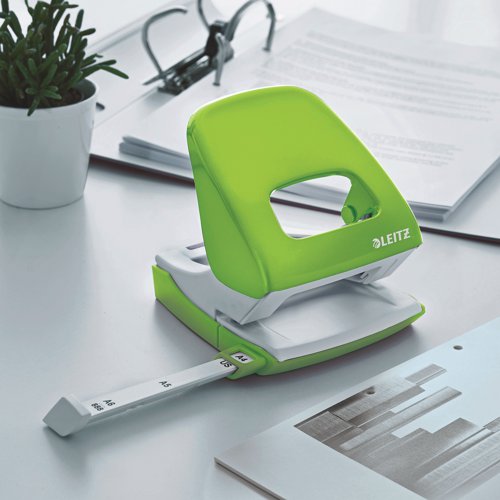 Leitz NeXXt metal punch in striking WOW colours that let your personality shine through. 2 hole punch for everyday use. Robust and reliable with a punching capacity of 30 sheets of 80gsm paper. Patented easy slide-in grip zone and ultra sharp stamps reduce punching effort. Green. Buy any 3 WOW products and claim a free Leitz Cosy Footrest.