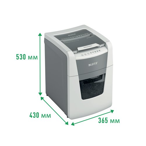 Fully automatic paper shredder from Leitz with unique clean emptying feature. So intelligent it quietly works on its own, just insert your stack of papers (including staples and paper clips), close the lid and get on with your day. Ideal for small office use. Higher security and excellent performance with this anti jam, quiet and long running (20 minute) autofeed shredder. Automatically shreds 100 sheets of A4 into security P-5 (2x15mm) micro-cut pieces in one go into the generous 34L bin. Simple operation using touch controls.