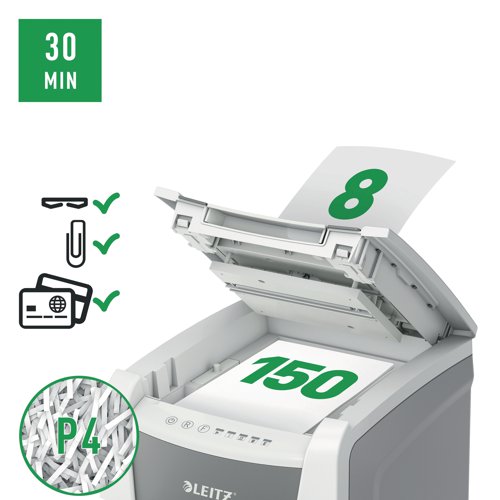 Leitz IQ Autofeed Office 150 Automatic Cross-Cut Paper Shredder P-4 White 80131000 LZ12633 Buy online at Office 5Star or contact us Tel 01594 810081 for assistance